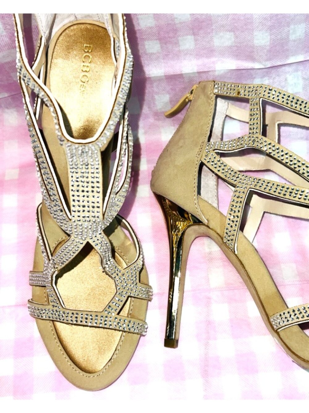 BCBGGeneration 7.5M Women’s Gold Rhinestone Suede High Heel Sandals Back Zipper - Picture 3 of 8